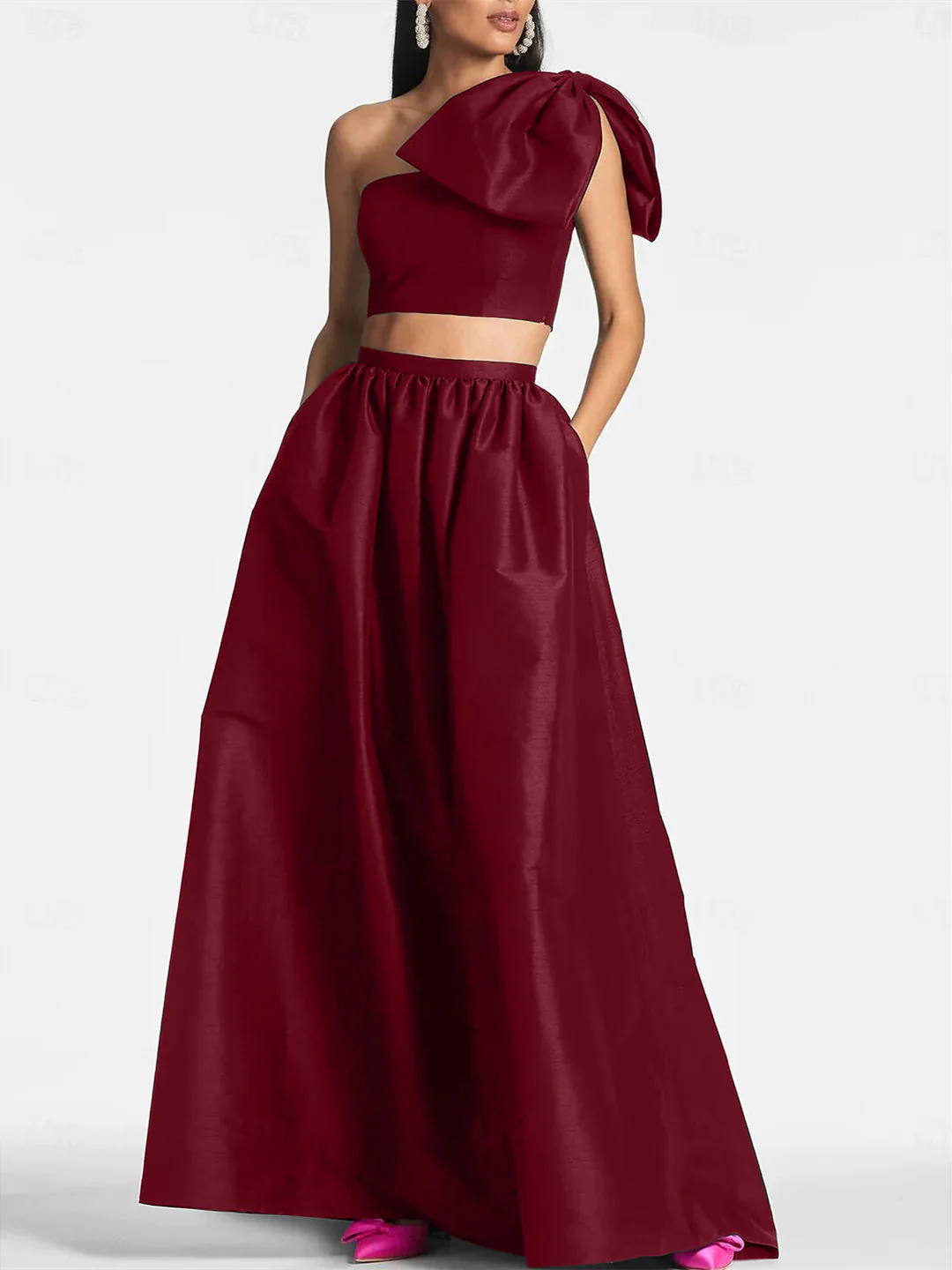 A-Line/Princess One Shoulder Floor Length Sleeveless Wedding Guest Dresses Satin with Tie Pocket Bow(s) - Image 5