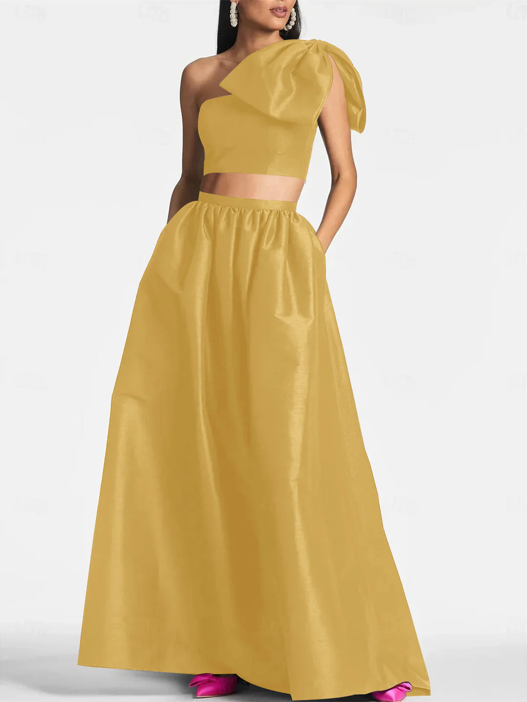 A-Line/Princess One Shoulder Floor Length Sleeveless Wedding Guest Dresses Satin with Tie Pocket Bow(s) - Image 8