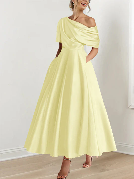 A-Line/Princess One-shoulder Half Sleeve Ankle-Length Mother of the Bride Dresses with Ruffles - Image 13