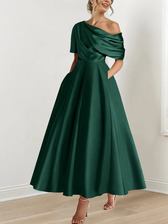 A-Line/Princess One-shoulder Half Sleeve Ankle-Length Mother of the Bride Dresses with Ruffles - Image 14