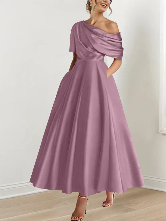 A-Line/Princess One-shoulder Half Sleeve Ankle-Length Mother of the Bride Dresses with Ruffles - Image 18