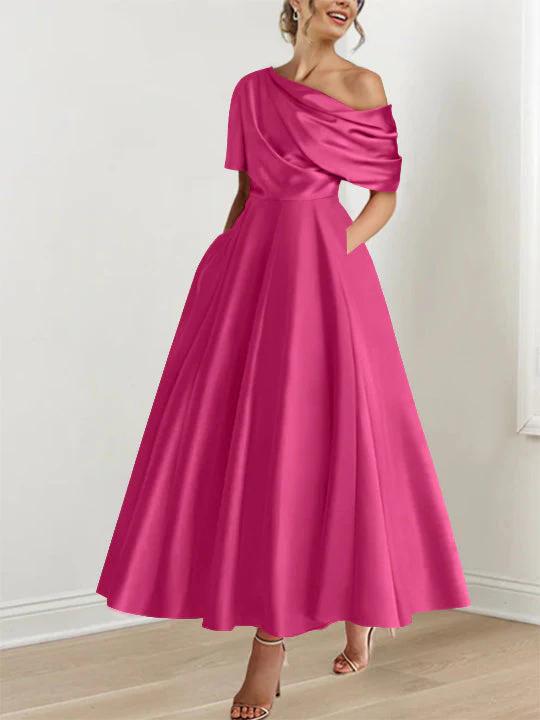 A-Line/Princess One-shoulder Half Sleeve Ankle-Length Mother of the Bride Dresses with Ruffles - Image 20