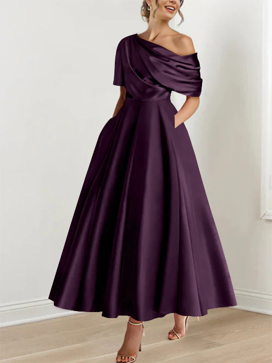 A-Line/Princess One-shoulder Half Sleeve Ankle-Length Mother of the Bride Dresses with Ruffles - Image 22
