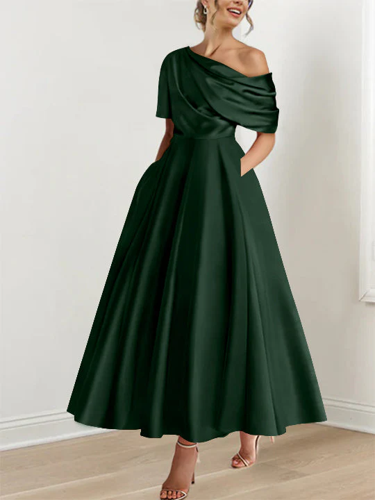A-Line/Princess One-shoulder Half Sleeve Ankle-Length Mother of the Bride Dresses with Ruffles - Image 23