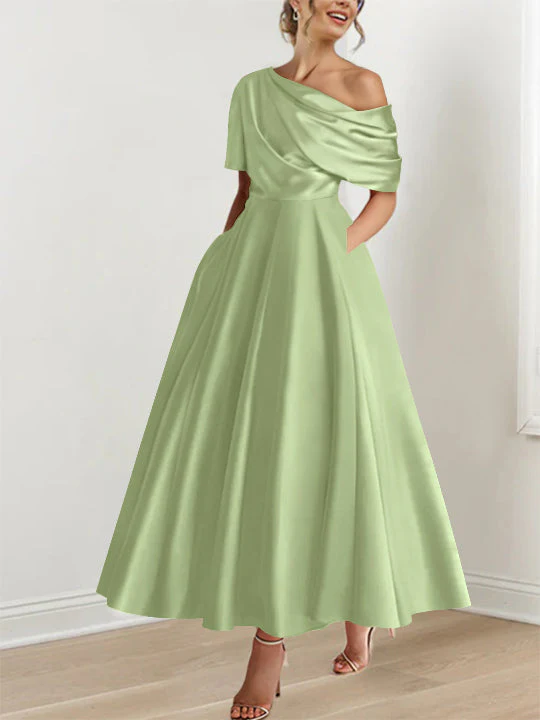 A-Line/Princess One-shoulder Half Sleeve Ankle-Length Mother of the Bride Dresses with Ruffles - Image 38
