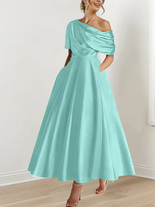 A-Line/Princess One-shoulder Half Sleeve Ankle-Length Mother of the Bride Dresses with Ruffles - Image 41
