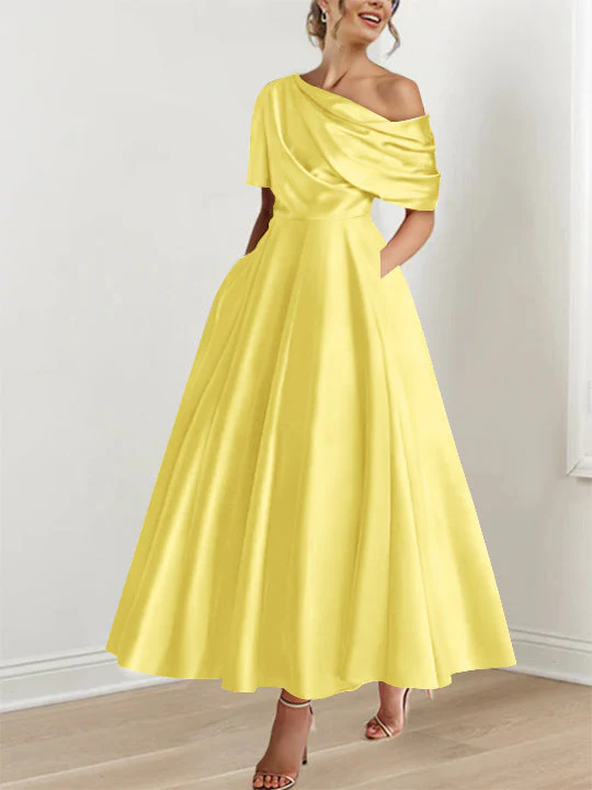 A-Line/Princess One-shoulder Half Sleeve Ankle-Length Mother of the Bride Dresses with Ruffles - Image 47
