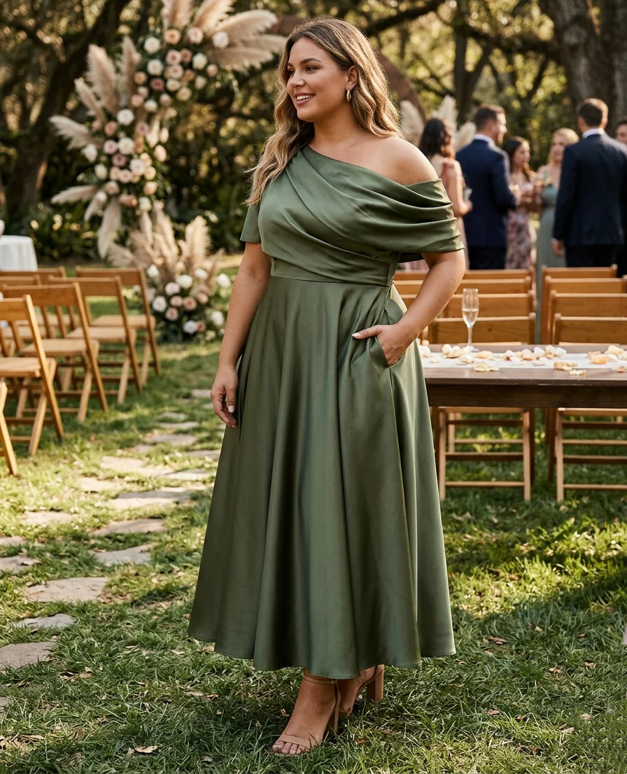 A-Line/Princess One-shoulder Half Sleeve Ankle-Length Plus Size Mother of the Bride Dresses with Ruffles - Image 3