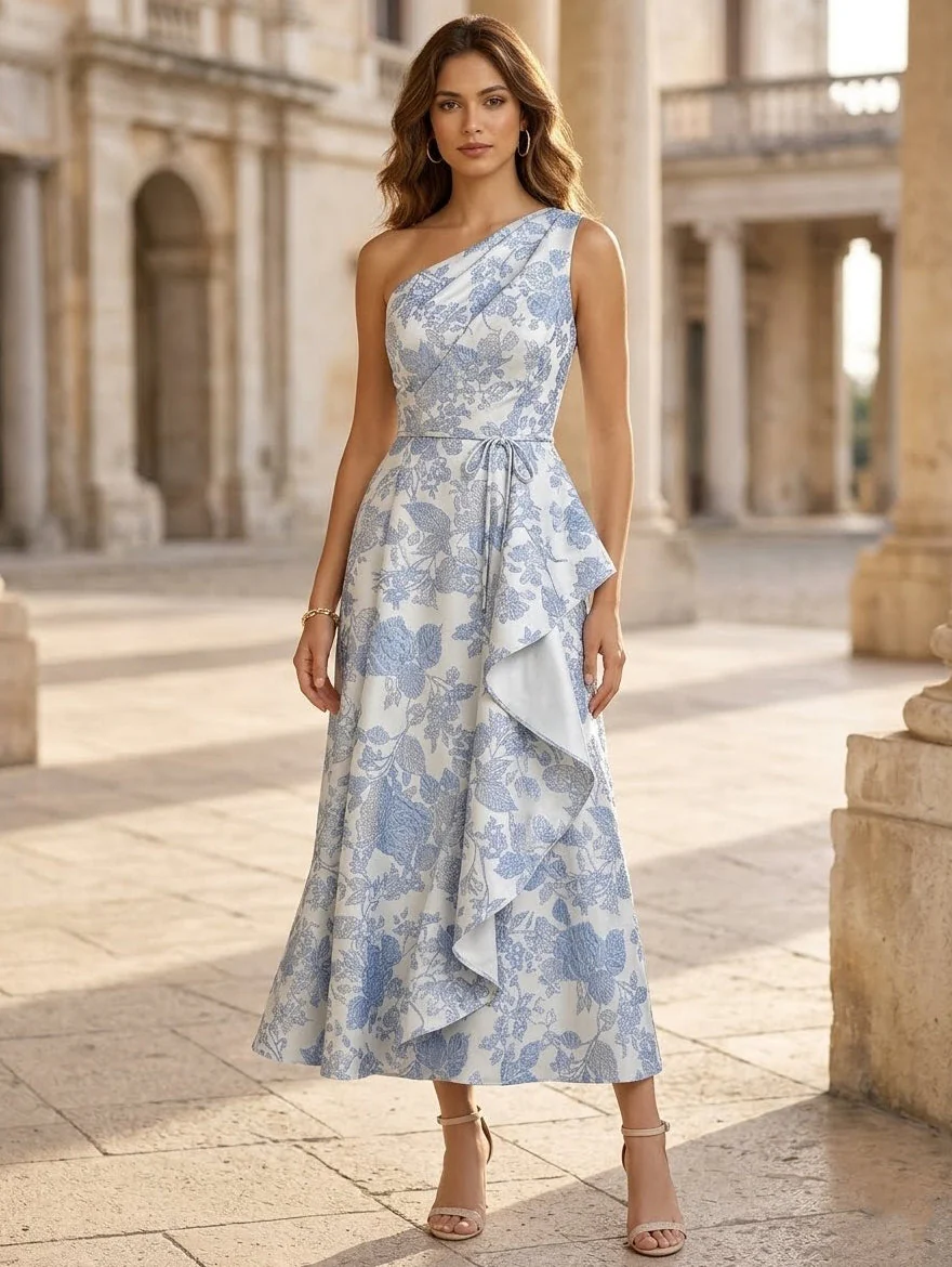 A-Line/Princess One-Shoulder Jacquard Cocktail Dresses Tea-Length Floral Ruffles Sleeveless Formal Dresses