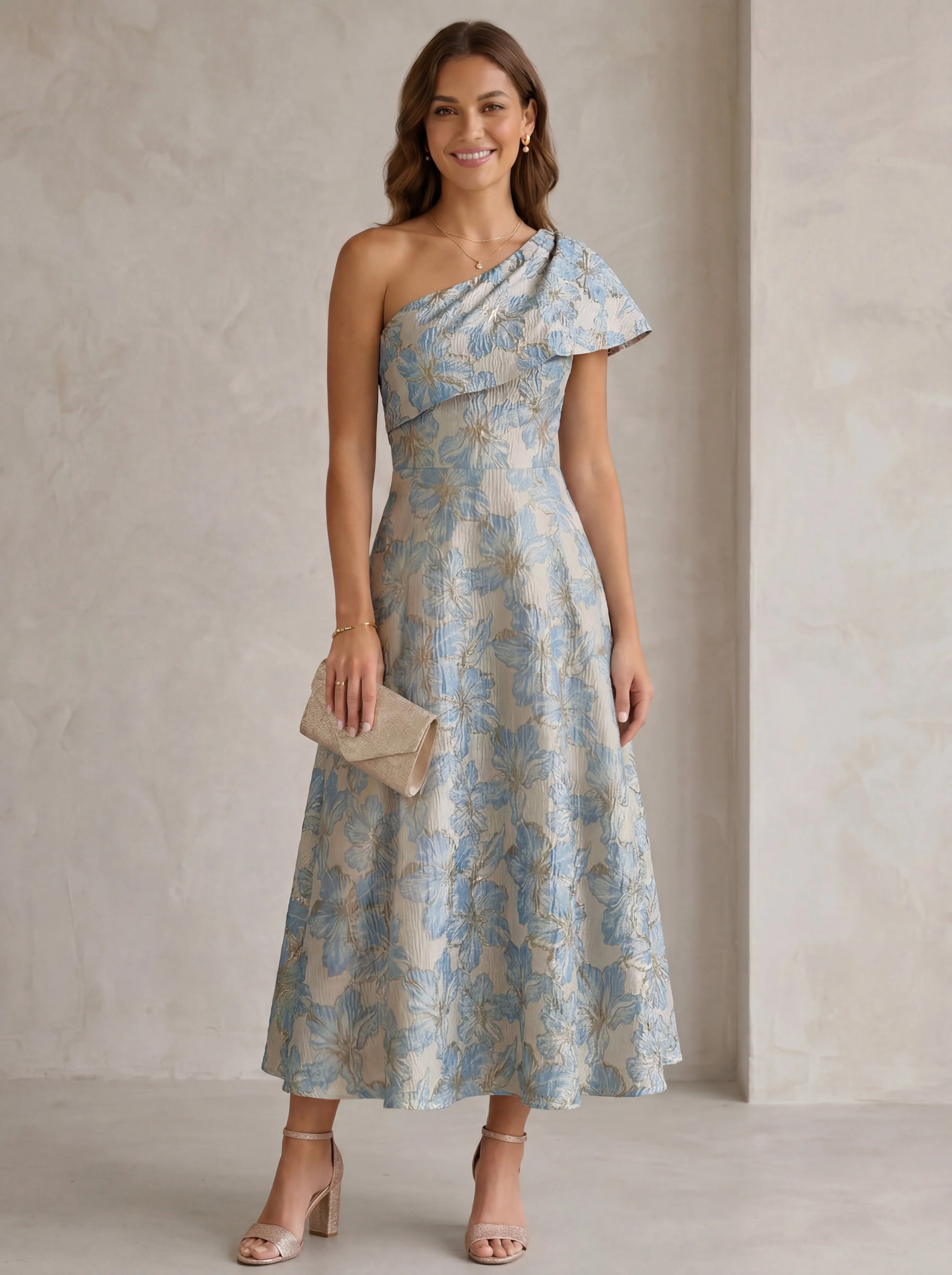 A-Line/Princess One-Shoulder Jacquard Cocktail Dresses Tea-Length Sleeveless Floral Formal Dresses