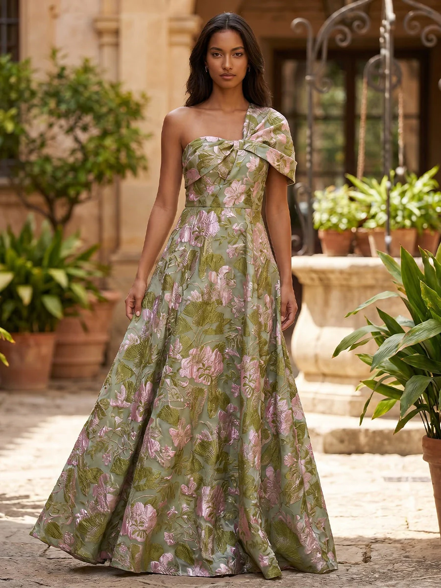 A-Line/Princess One-Shoulder Jacquard Formal Dresses Floor-Length Evening Dresses Floral Sleeveless - Image 3