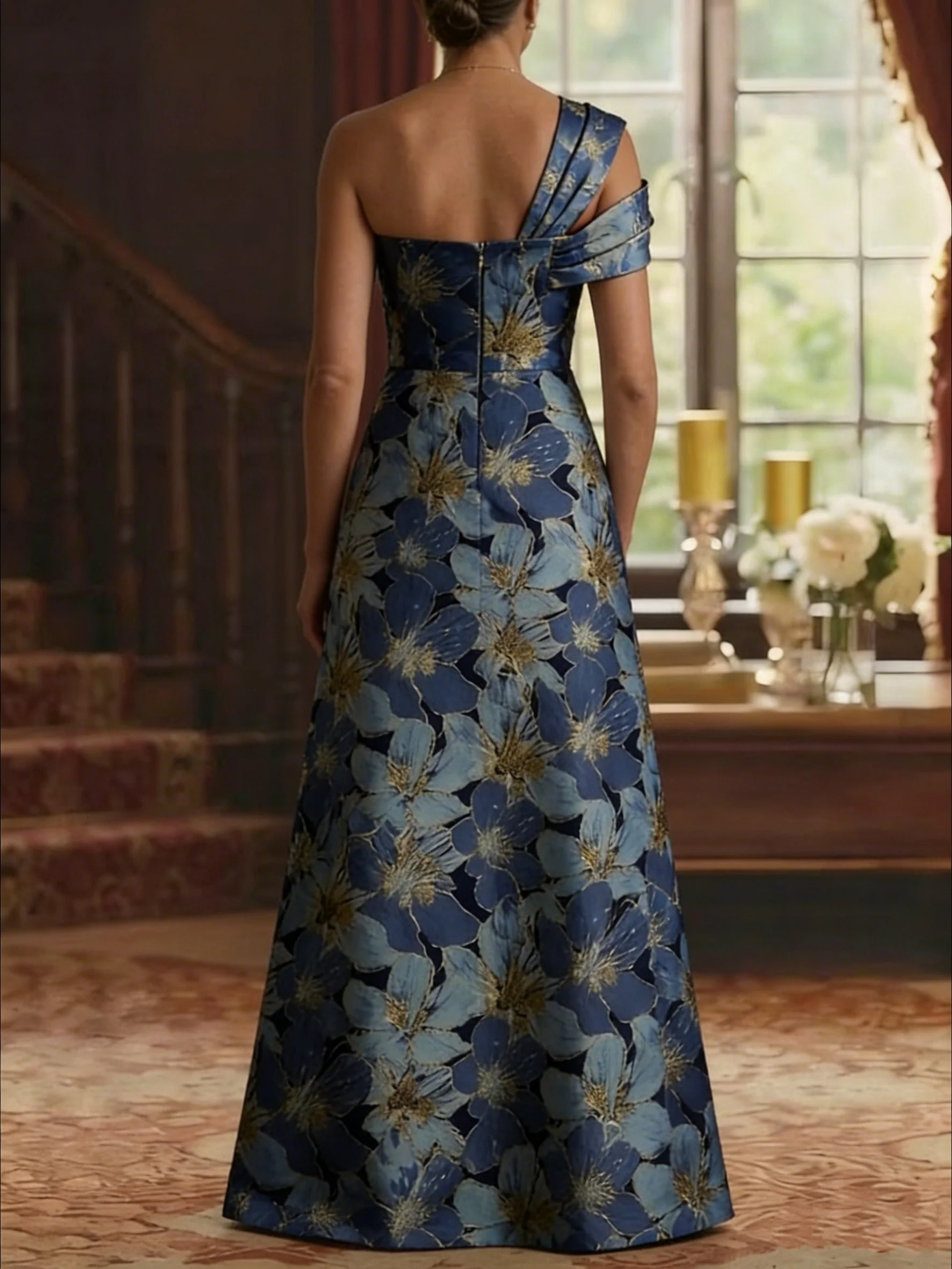 A-Line/Princess One-Shoulder Jacquard Mother of the Bride Dresses Floral Floor-Length Sleeveless - Image 2