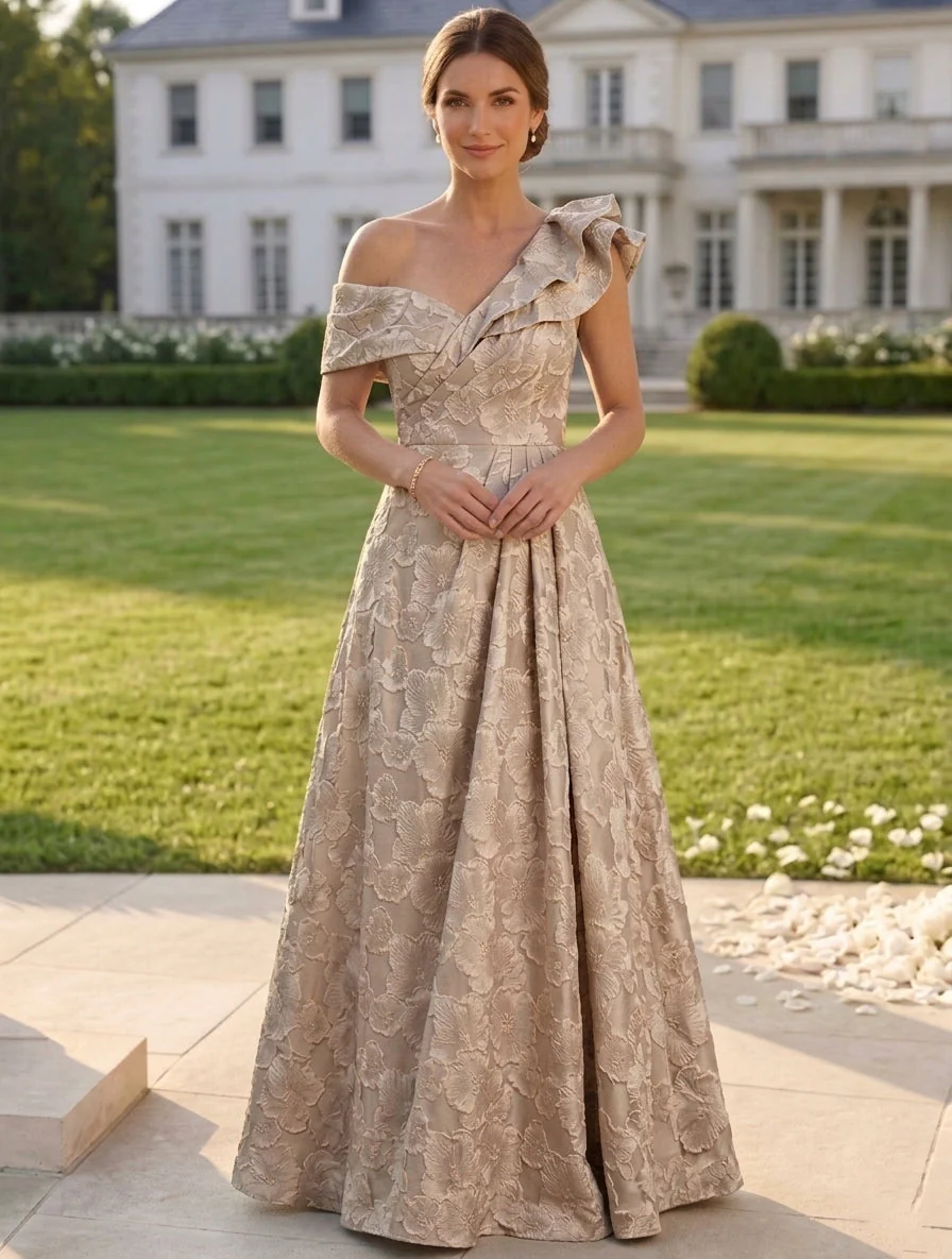 A-Line/Princess One-Shoulder Jacquard Mother of the Bride Dresses Floral Floor-Length Sleeveless Ruffles - Image 3