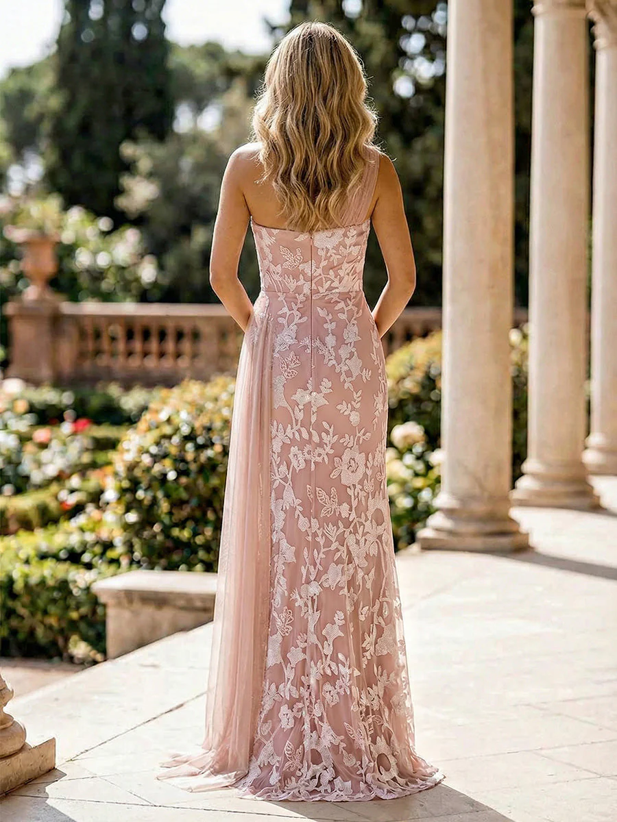 A-Line/Princess One-Shoulder Lace Formal Dresses with Split Side Floor-Length Watteau Train Sleeveless Evening Dresses - Image 2