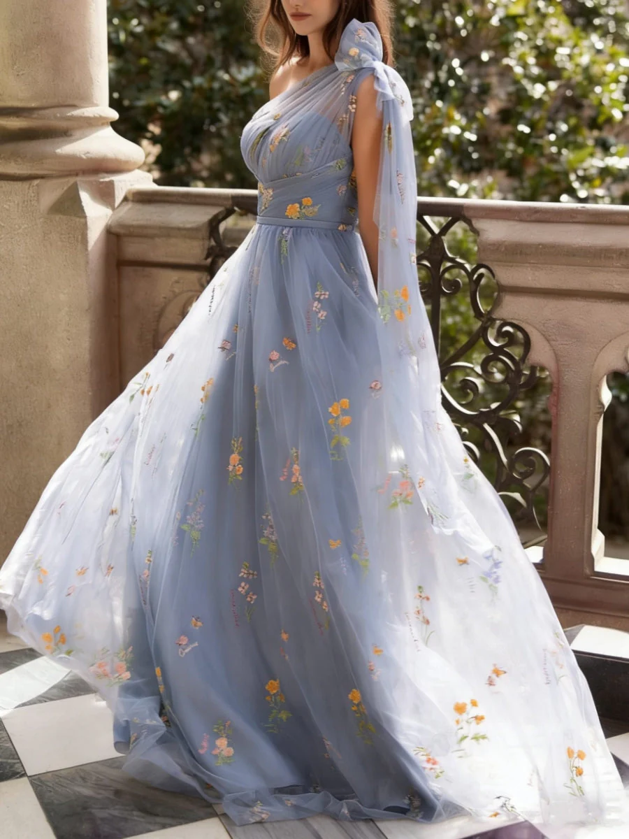 A-Line/Princess One-Shoulder Lace Prom Dresses Sleeveless Floor-Length Sweep/Brush Train Floral - Image 3