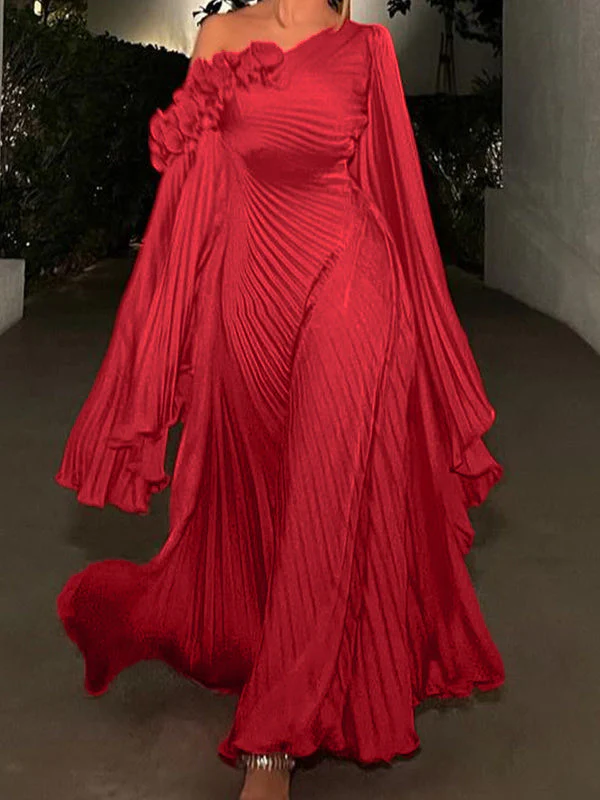 A-Line/Princess One-Shoulder Long Sleeves Floor-Length Evening Dresses