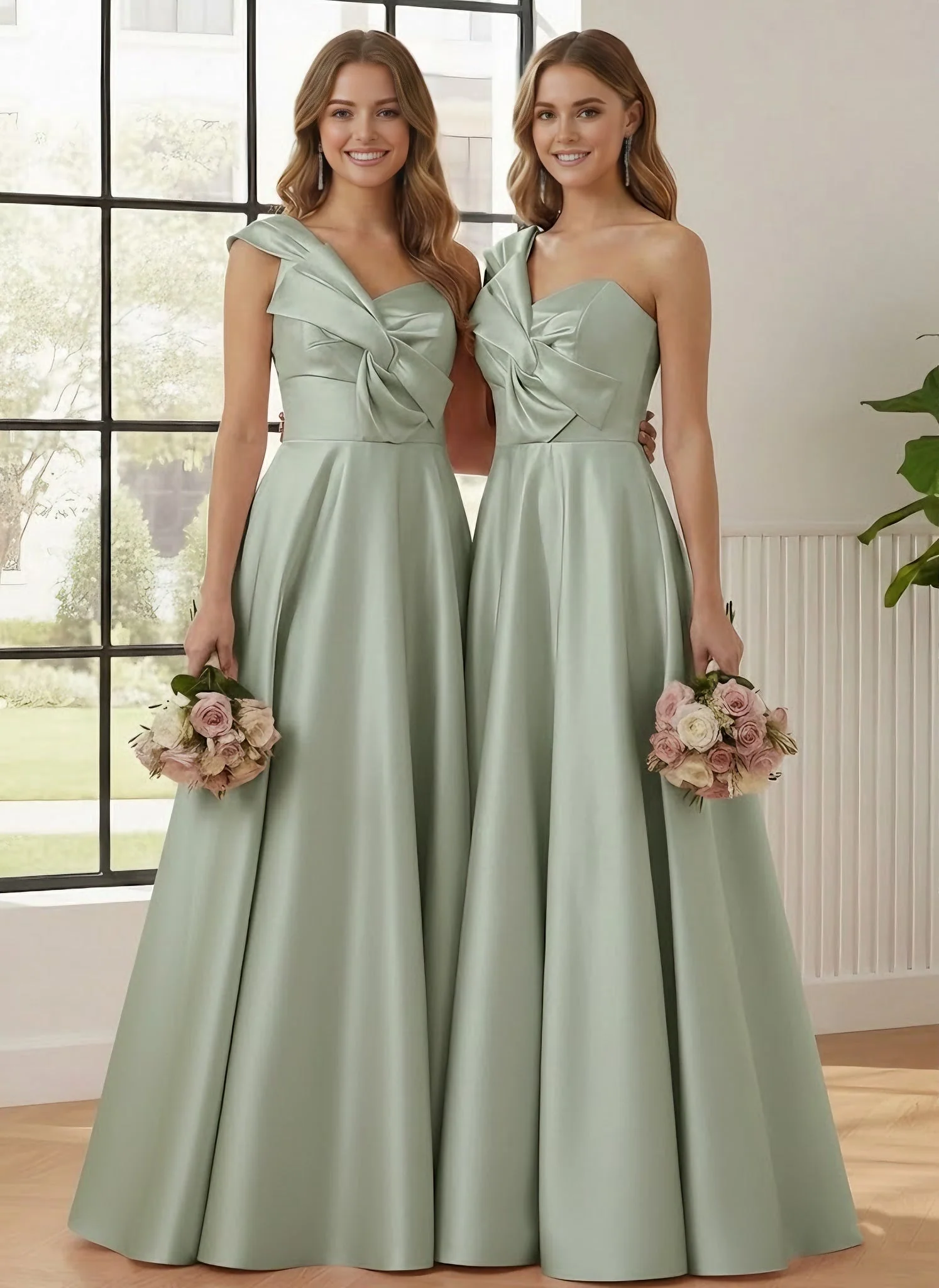 A-Line/Princess One-Shoulder Satin Bridesmaid Dresses Sleeveless Floor-Length Ruched Bowknot - Image 3