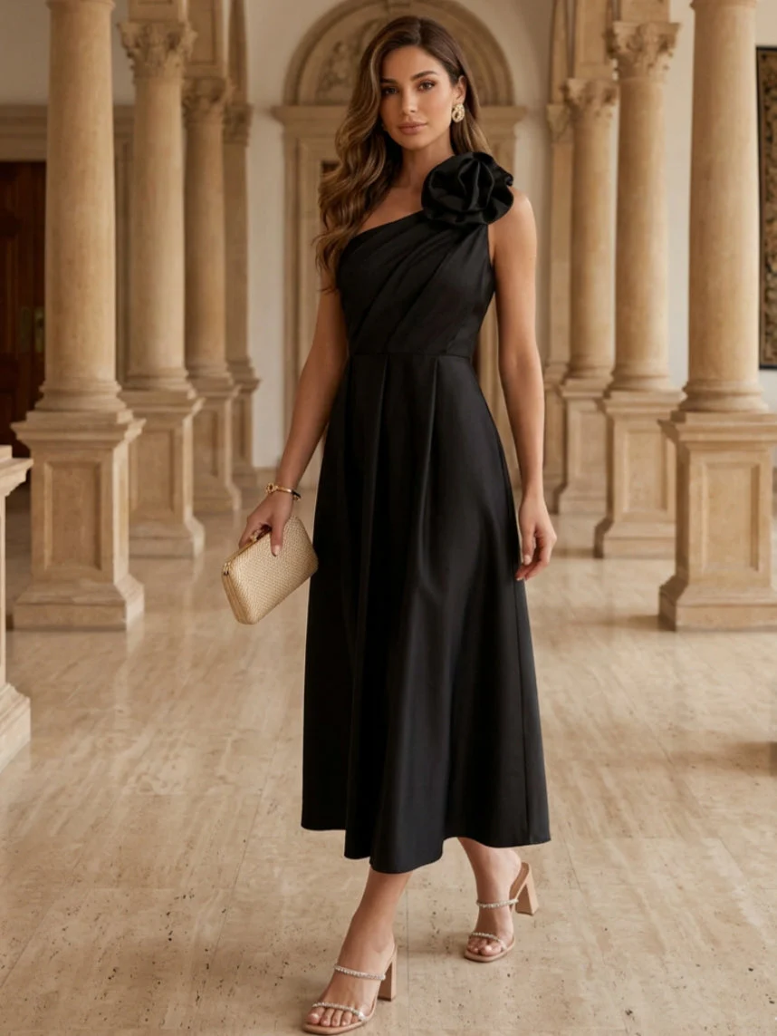 A-Line/Princess One-Shoulder Satin Cocktail Dresses with 3D Flower Sleeveless Tea-Length Pleated Formal Dresses - Image 3