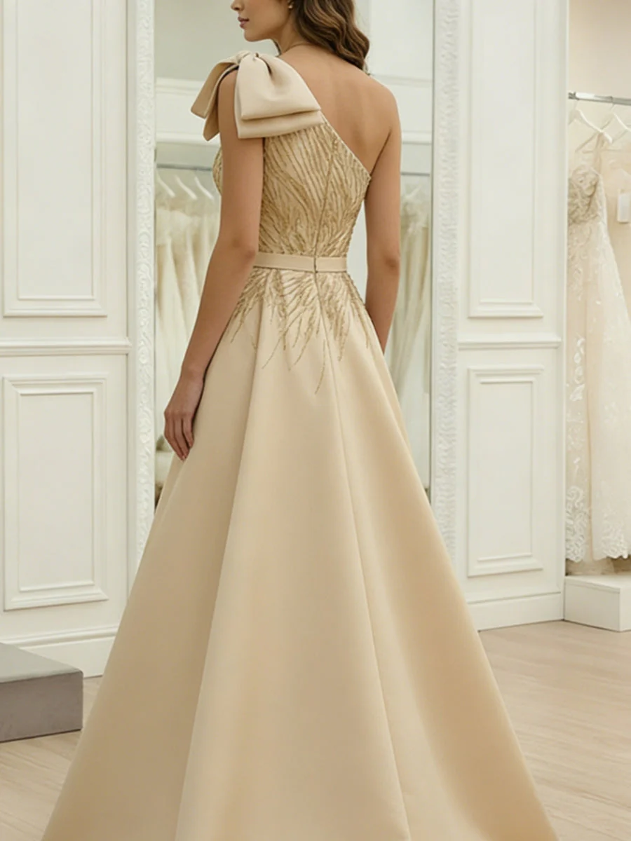 A-Line/Princess One-Shoulder Satin Evening Dresses with Bowknot Sleeveless Sequins Floor-Length Party Dresses - Image 2