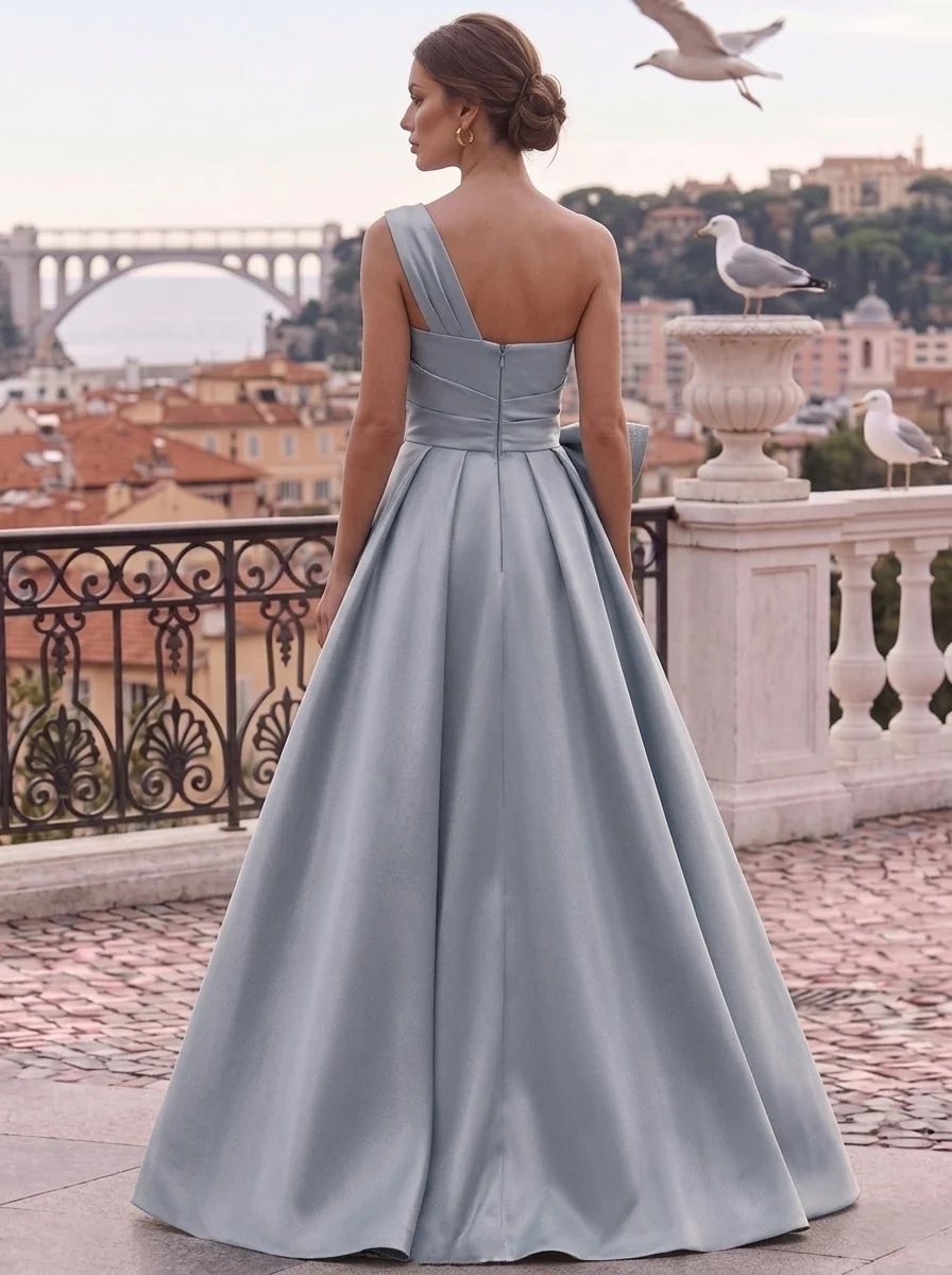 A-Line/Princess One-Shoulder Satin Evening Dresses with Overskirt Floor-Length Formal Dresses Floral Sleeveless Bowknot - Image 2