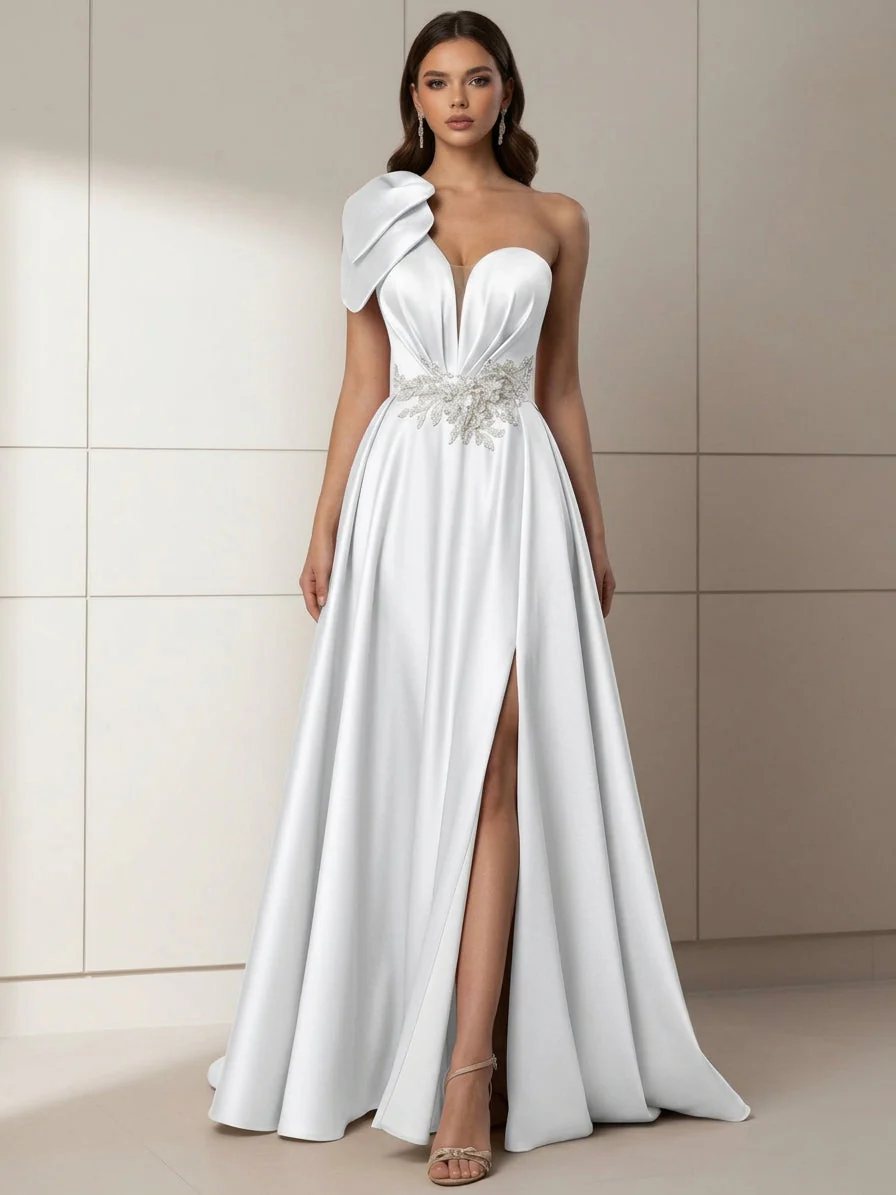 A-Line/Princess One-Shoulder Satin Evening Dresses with Split Side Sleeveless Floor-Length Beading Party Dresses - Image 4