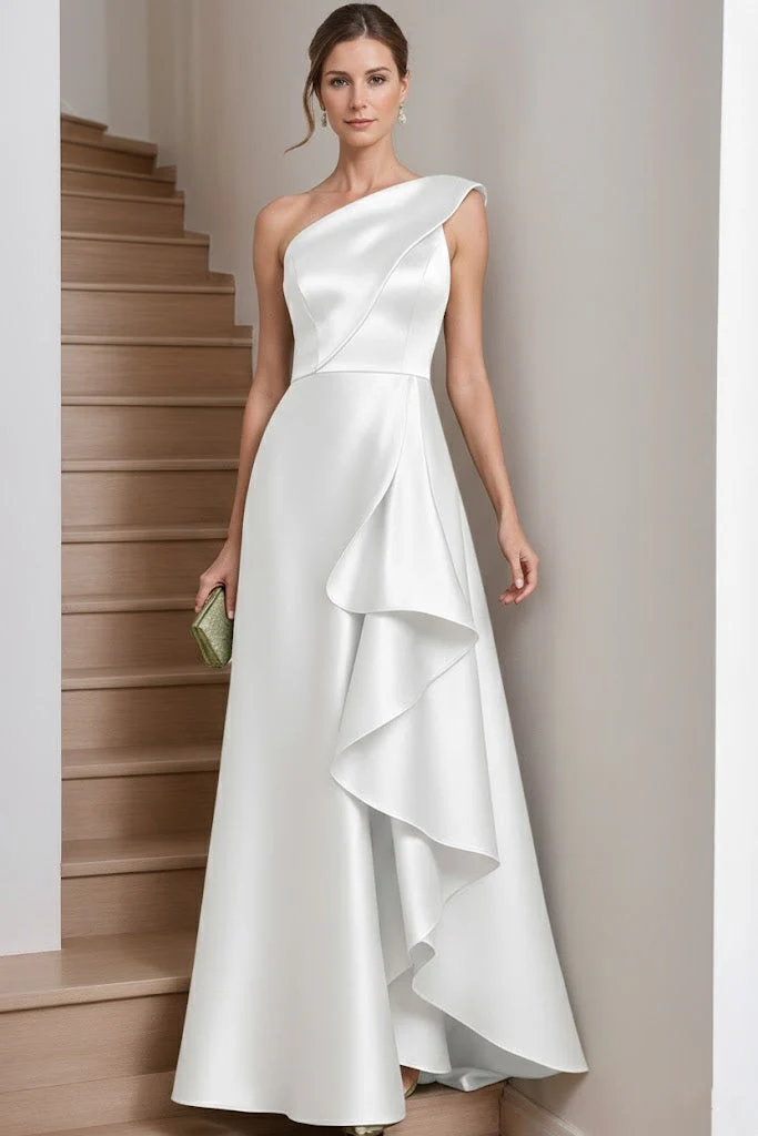 A-Line/Princess One-Shoulder Satin Mother of the Bride Dresses Sleeveless Floor-Length Ruffles - Image 4