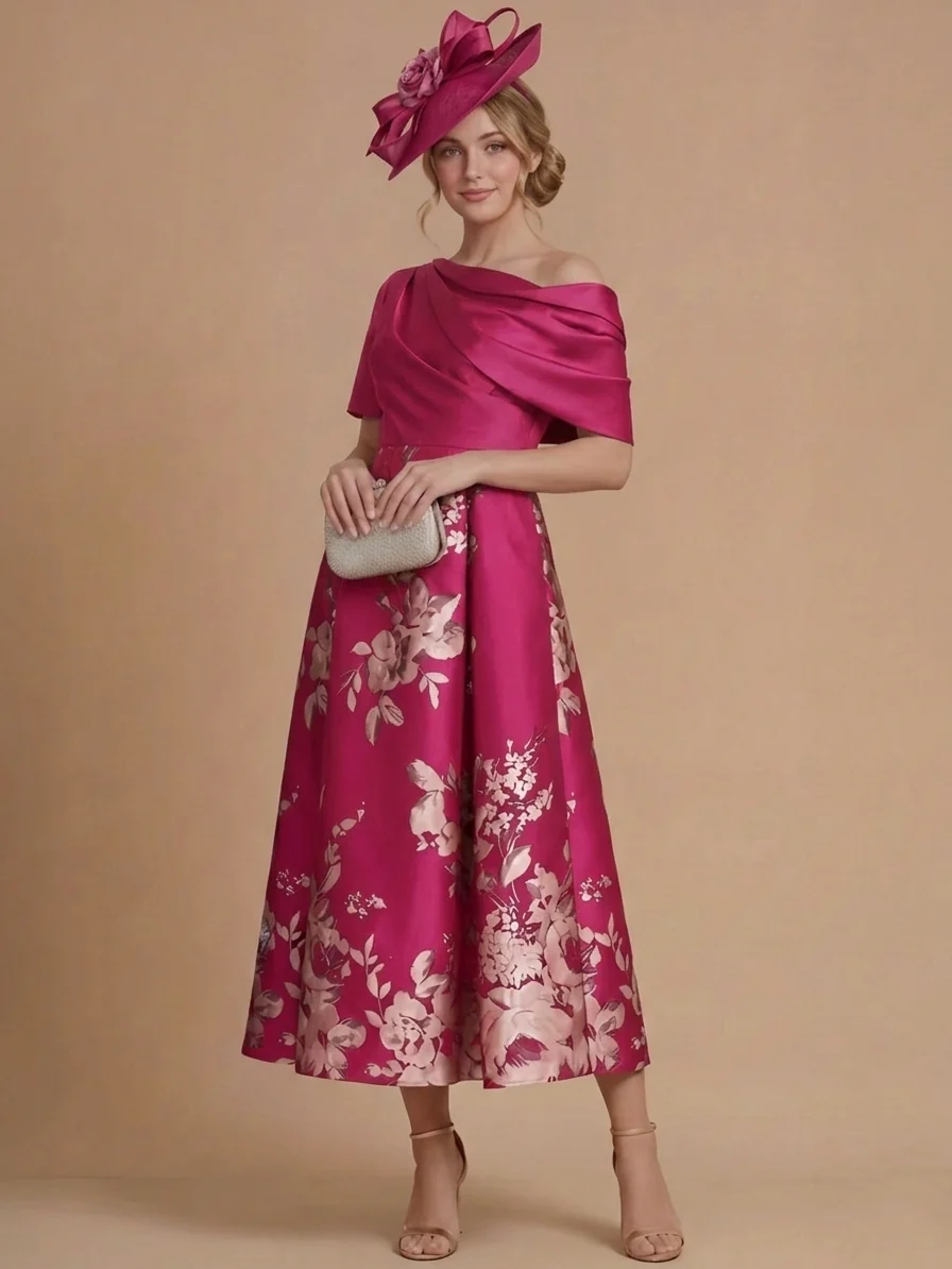 A-Line/Princess One-Shoulder Satin Mother of the Bride Dresses Tea-Length Sleeveless Floral - Image 5