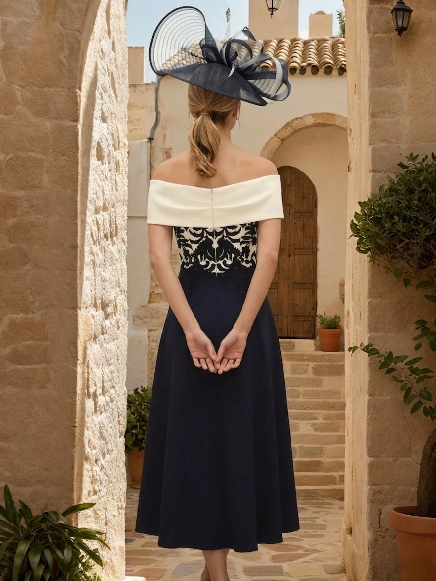 A Line/Princess One-Shoulder Short Sleeves Tea-Length Mother of the Bride Dresses With Lace & Pocket - Image 3