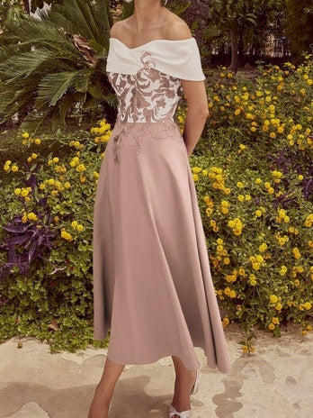 A Line/Princess One-Shoulder Short Sleeves Tea-Length Mother of the Bride Dresses With Lace & Pocket - Image 4