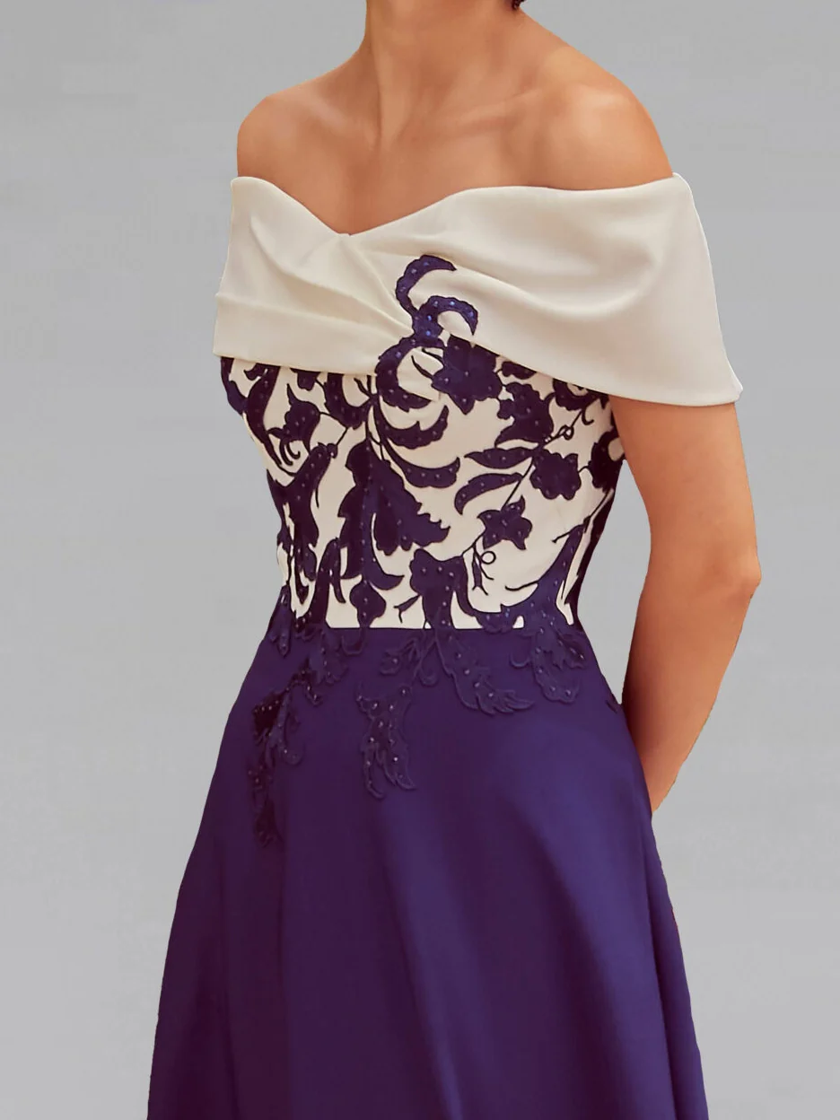 A Line/Princess One-Shoulder Short Sleeves Tea-Length Mother of the Bride Dresses With Lace & Pocket - Image 6