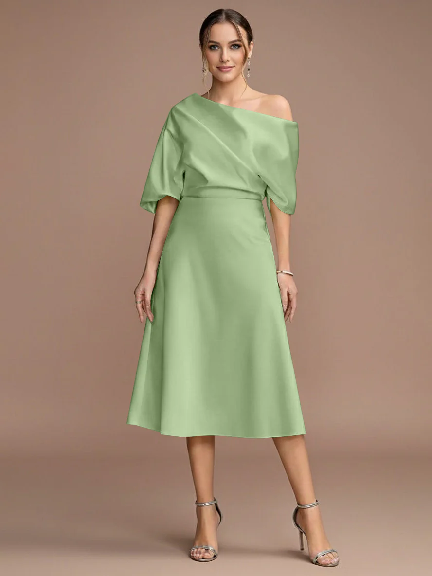 A-Line/Princess One-shoulder Short Sleeves Tea-Length Mother of the Bride Dresses with Ruffles - Image 11