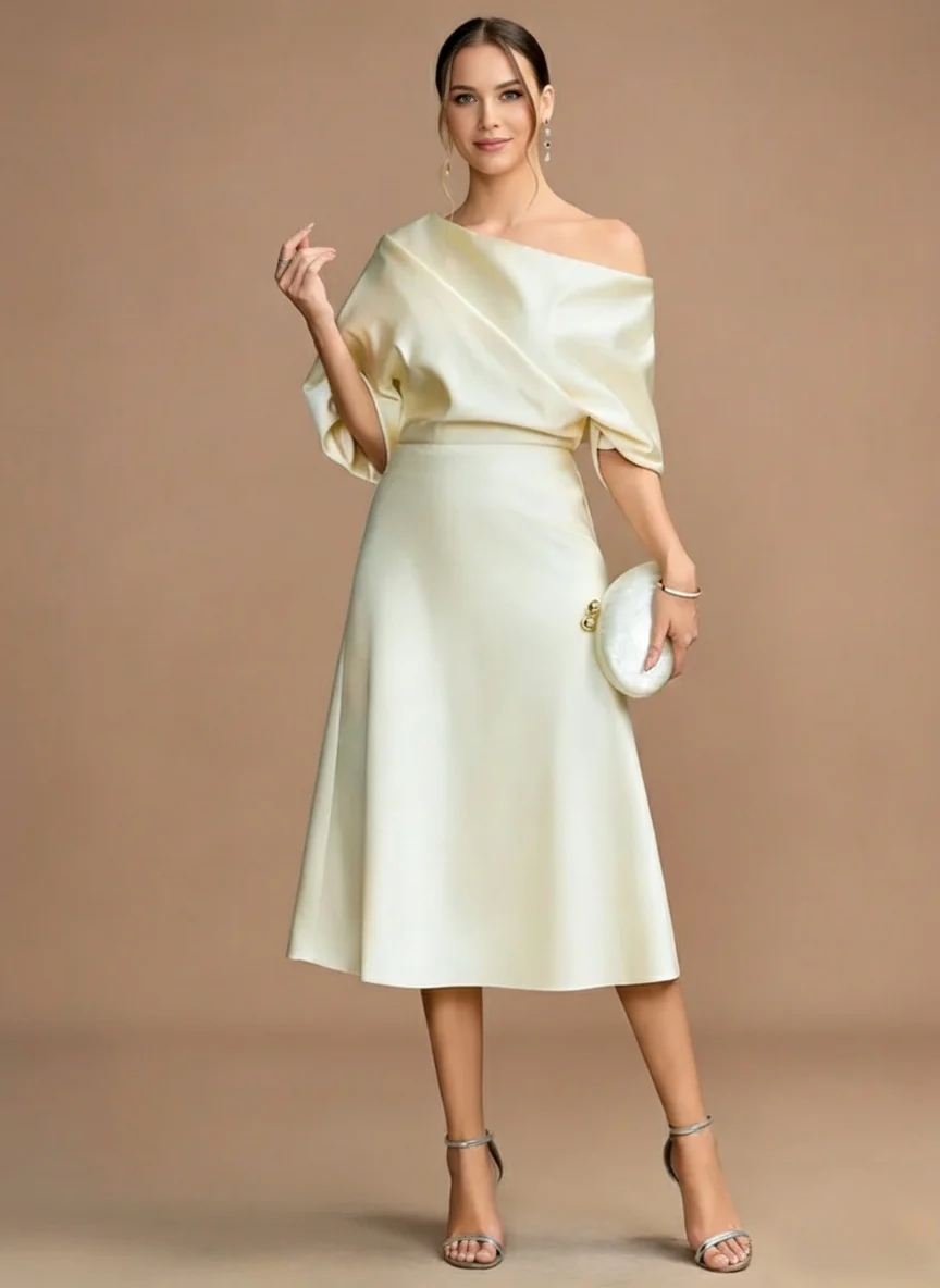 A-Line/Princess One-shoulder Short Sleeves Tea-Length Mother of the Bride Dresses with Ruffles - Image 3
