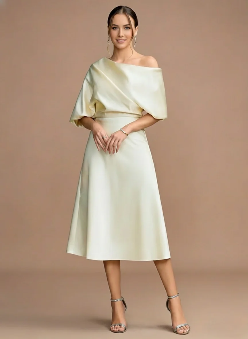 A-Line/Princess One-shoulder Short Sleeves Tea-Length Mother of the Bride Dresses with Ruffles - Image 4