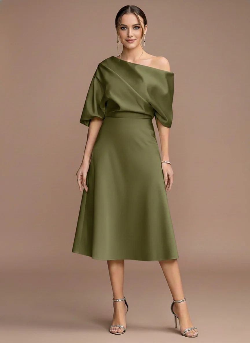 A-Line/Princess One-shoulder Short Sleeves Tea-Length Mother of the Bride Dresses with Ruffles - Image 5