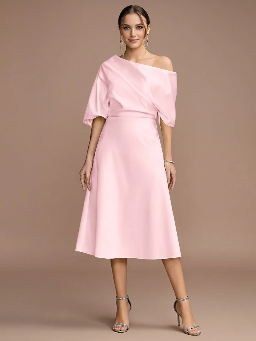 A-Line/Princess One-shoulder Short Sleeves Tea-Length Mother of the Bride Dresses with Ruffles - Image 7