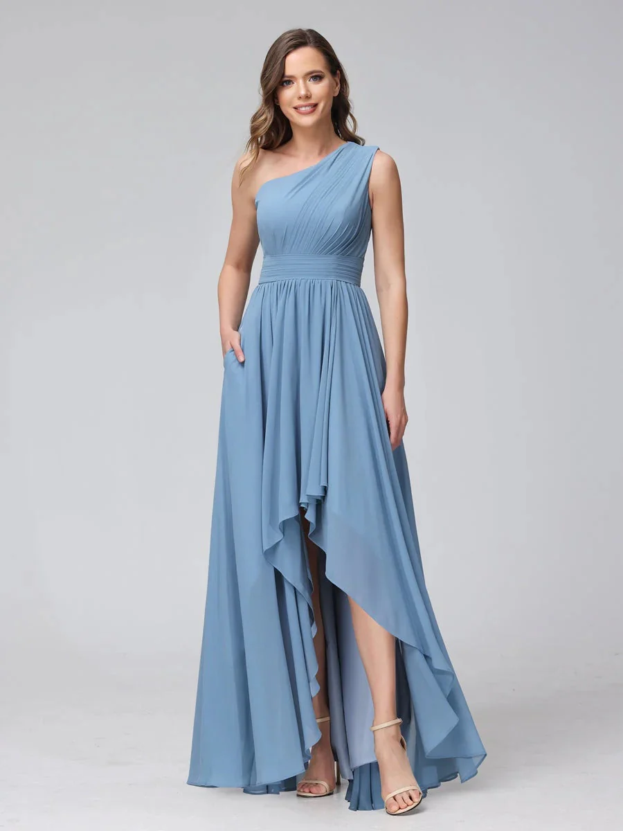A-Line/Princess One-Shoulder Sleeveless Asymmetrical Bridemaid Dresses with Pockets - Image 4