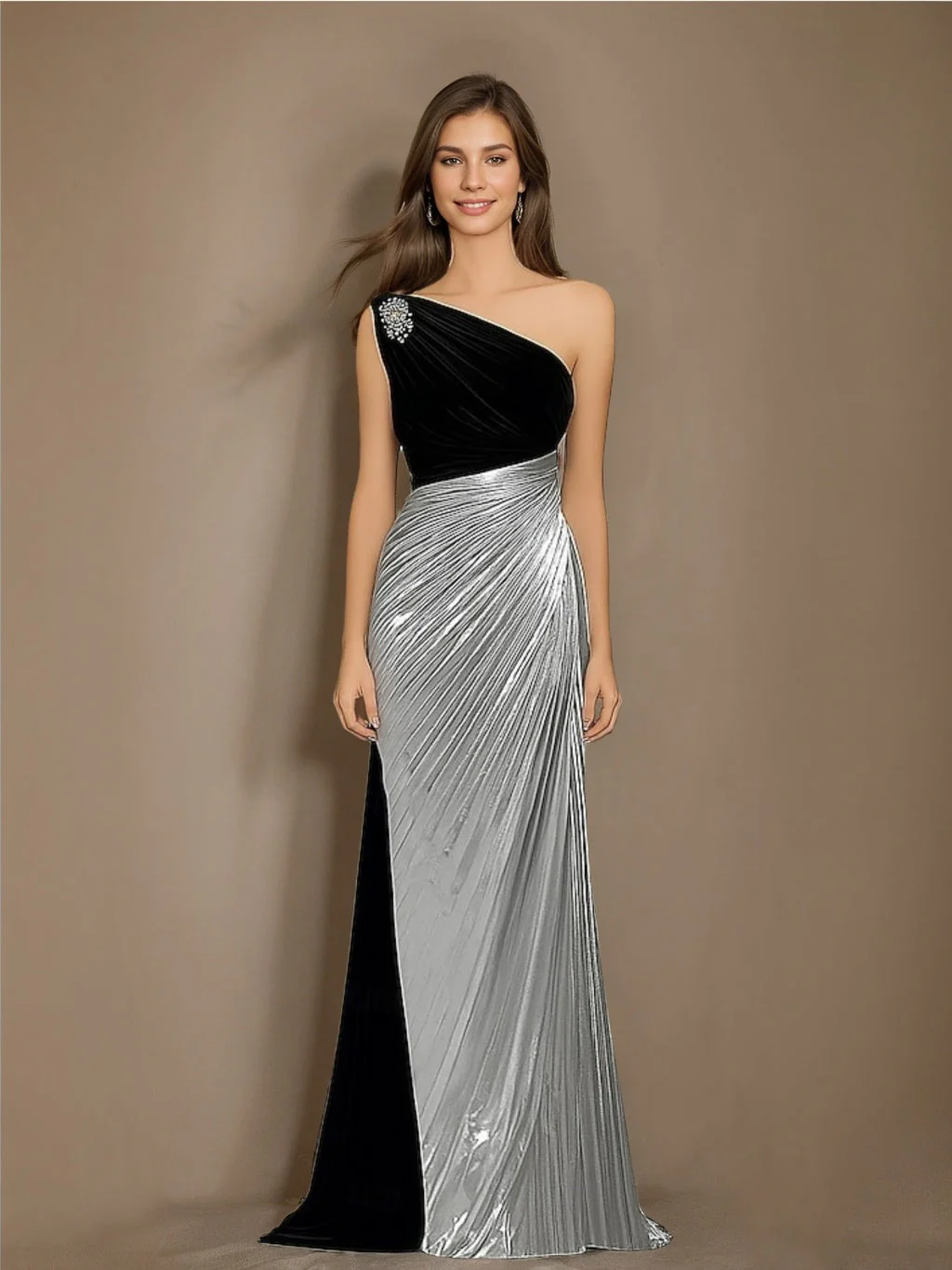 A-Line/Princess One-Shoulder Sleeveless Floor-Length Evening Dresses with Rhinestone & Pleats - Image 4