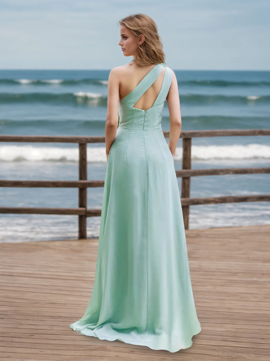 A-Line/Princess One-Shoulder Sleeveless Floor-Length Floral Bridesmaid Dresses with Split Side - Image 2