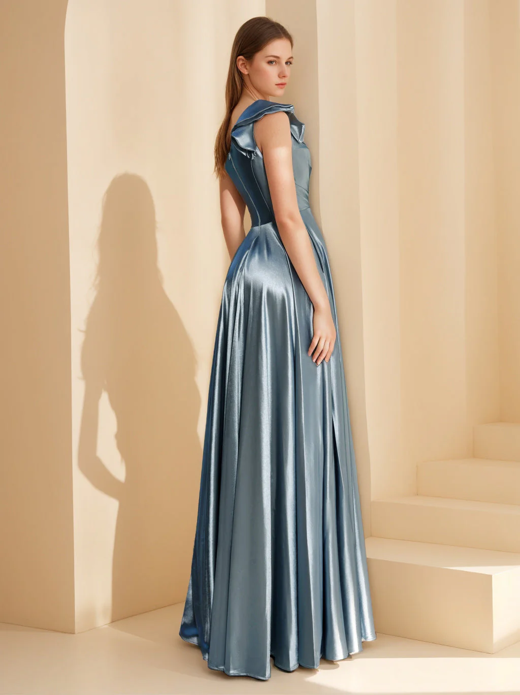 A-Line/Princess One-Shoulder Sleeveless Floor-Length Unique Prom Evening Dresses with Ruffles - Image 2