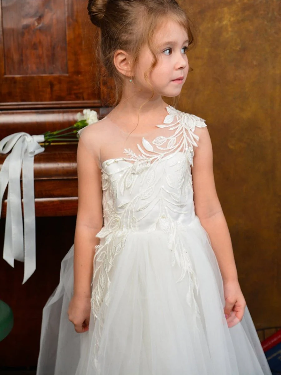A-Line/Princess One-Shoulder Sleeveless Flower Girl Dresses with Appliques - Image 2