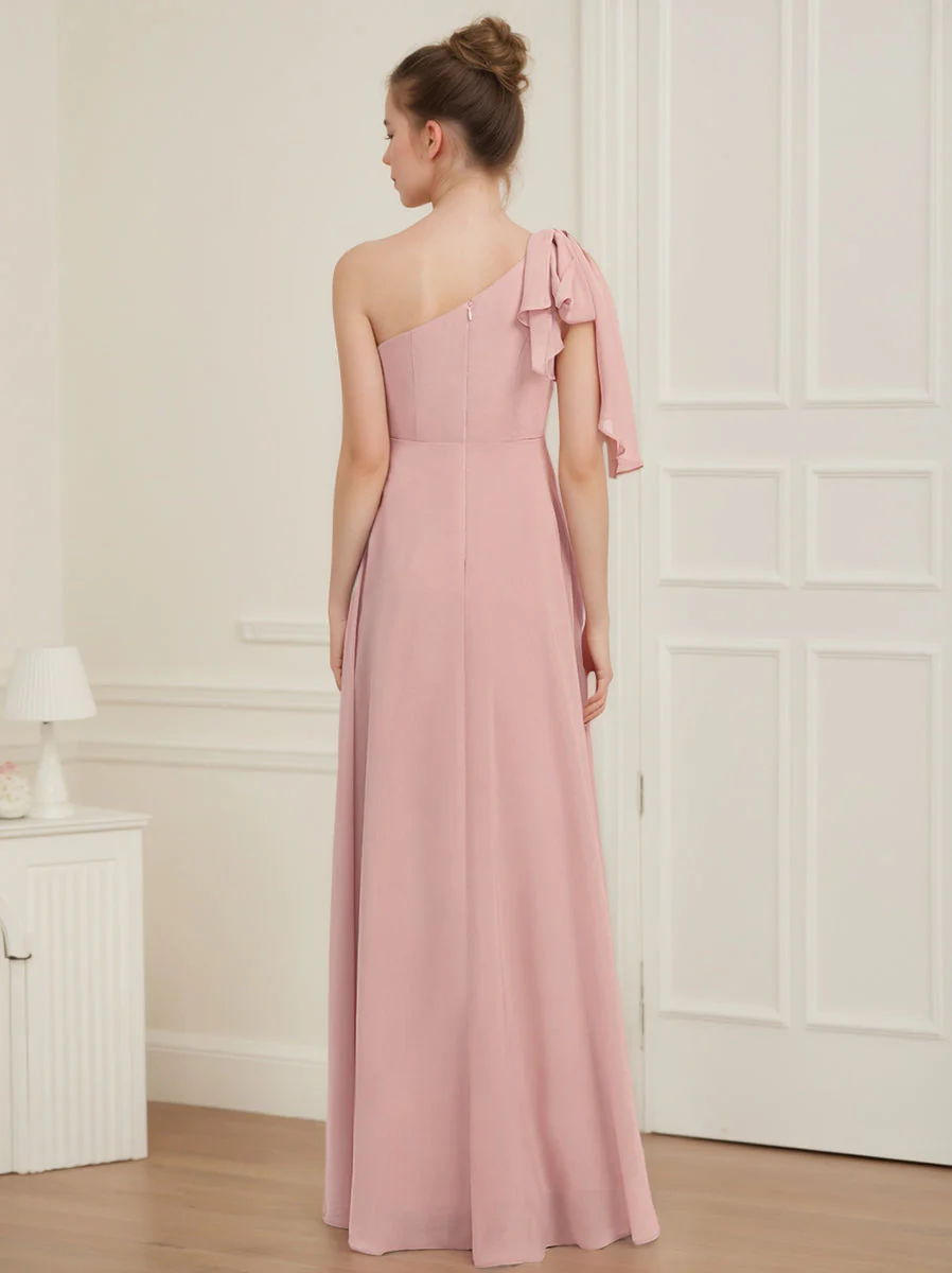 A-Line/Princess One-Shoulder Sleeveless Junior Bridesmaid Dresses with Bow - Image 2