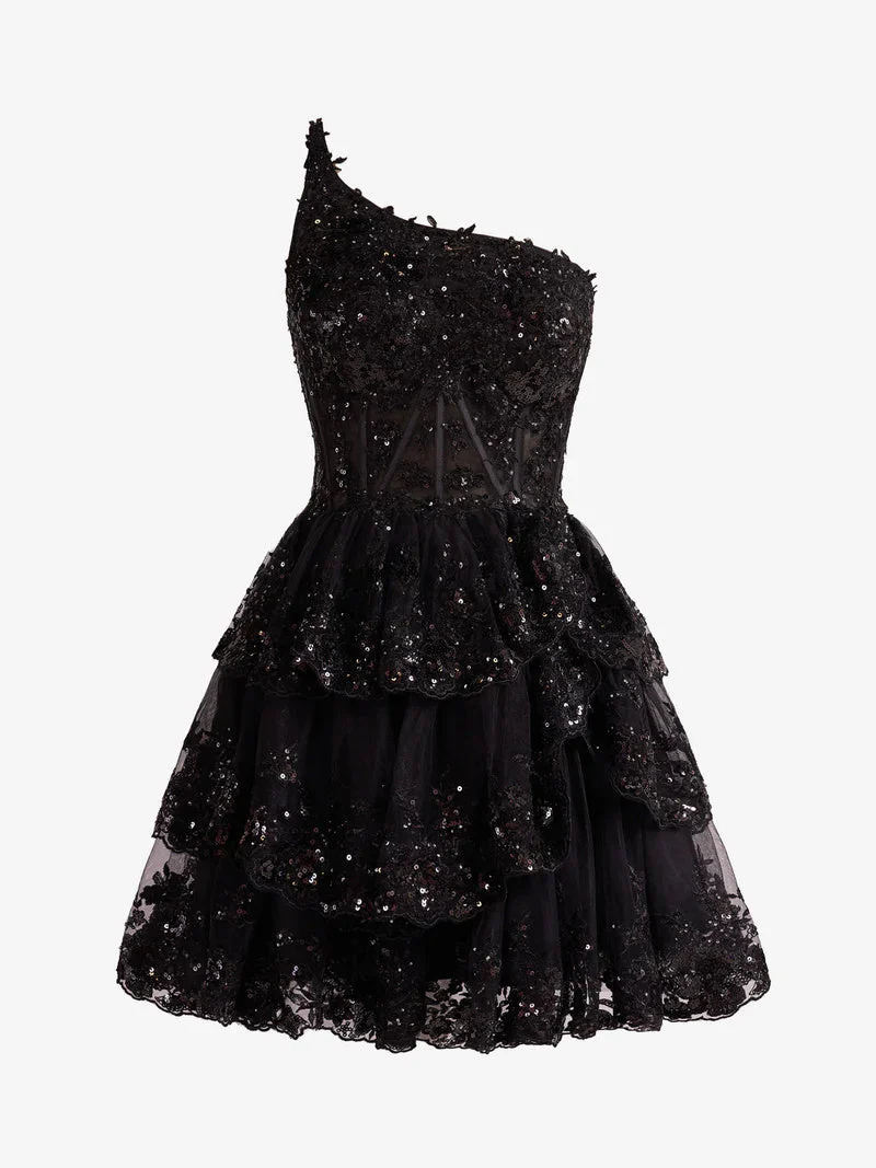 A-Line/Princess One-Shoulder Sleeveless Short/Mini Party Dance Cocktail Homecoming Dress With Sequins - Image 10