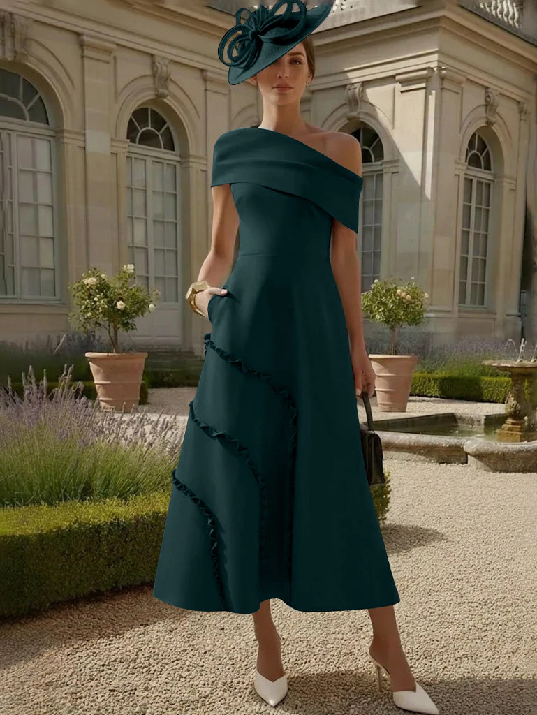 A-Line/Princess One-Shoulder Stretch Satin Mother of the Bride Dresses Tea-Length Sleeveless - Image 19