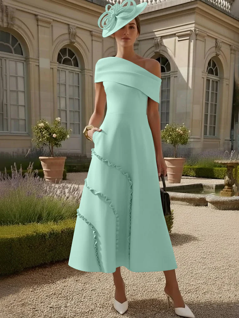 A-Line/Princess One-Shoulder Stretch Satin Mother of the Bride Dresses Tea-Length Sleeveless - Image 23