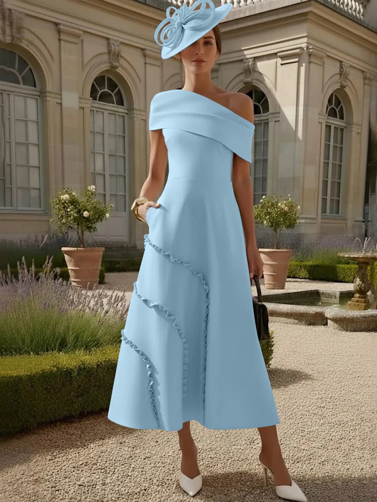 A-Line/Princess One-Shoulder Stretch Satin Mother of the Bride Dresses Tea-Length Sleeveless - Image 30