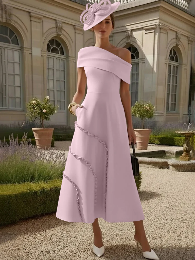 A-Line/Princess One-Shoulder Stretch Satin Mother of the Bride Dresses Tea-Length Sleeveless - Image 36