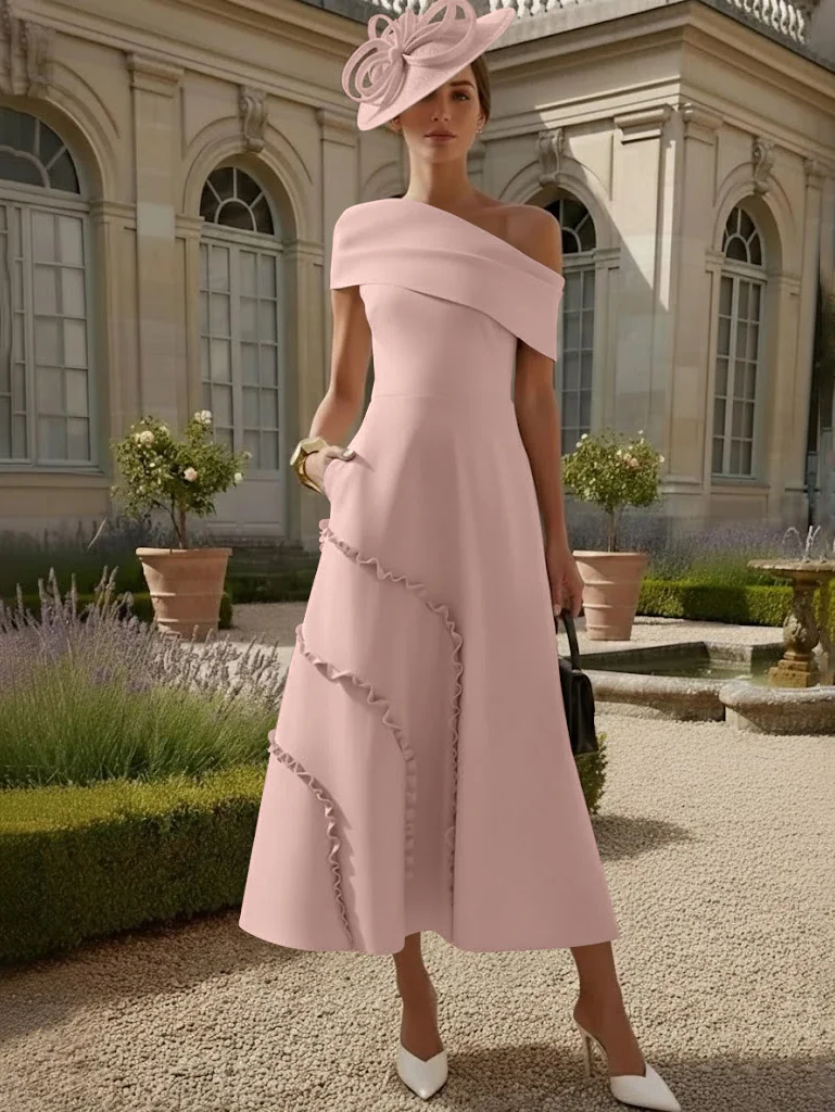 A-Line/Princess One-Shoulder Stretch Satin Mother of the Bride Dresses Tea-Length Sleeveless - Image 42