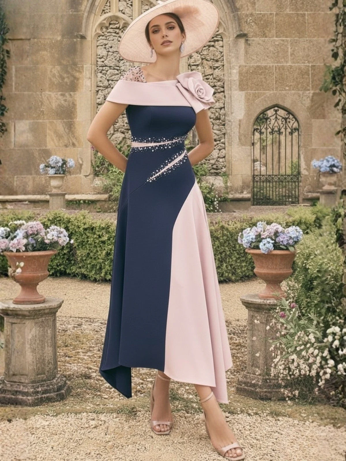 A-Line/Princess One-Shoulder Stretch Satin Mother of the Bride Dresses With 3D Flower Asymmetrical Ankle-Length