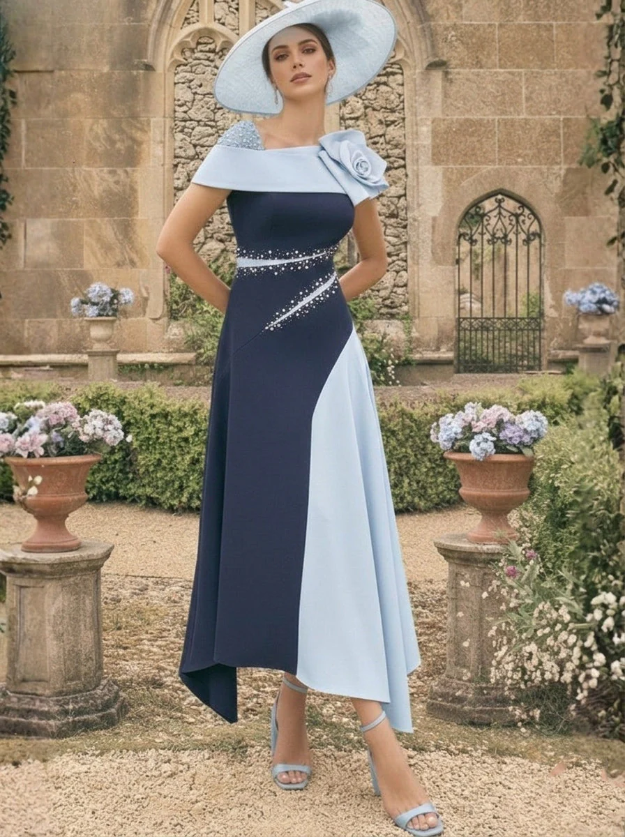 A-Line/Princess One-Shoulder Stretch Satin Mother of the Bride Dresses With 3D Flower Asymmetrical Ankle-Length - Image 10