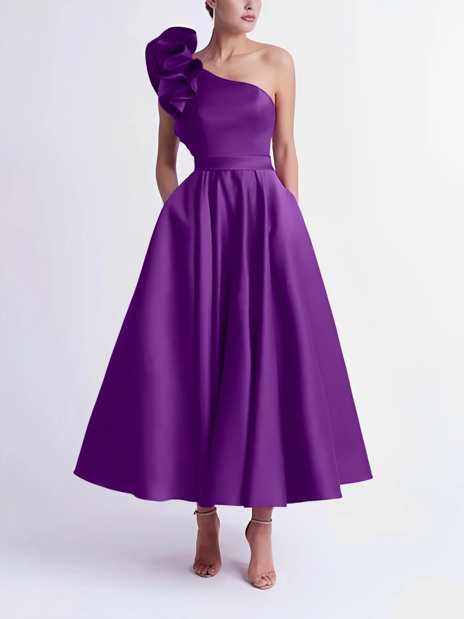 A-Line/Princess One-Shoulder Tea-Length Prom Dresses - Image 25